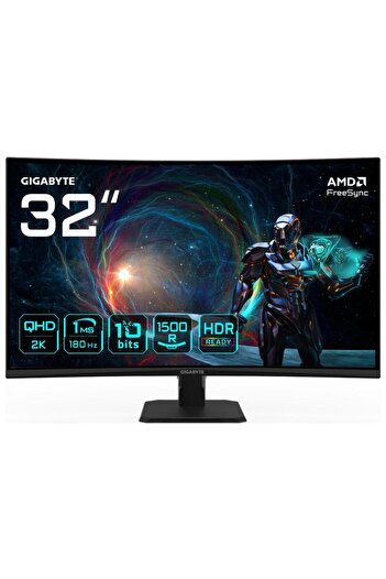 Gigabyte 31.5" Curved Gaming Monitor GS32QCA QHD, 180Hz, 1ms, HDMI/DP, Black