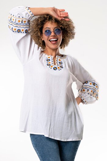 Eliş Şile Bezi Long Sleeve Şile Bezi Gülruh V Neck Embroidered Blouse White Byz