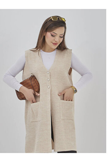 Stilmony Women's Long Seasonal Knitwear Lycra Pocket Button Detailed Casual Vest