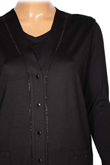 Hermevsim Hesna Women's Umut Battal Size Five Button Pocket Combed Cotton Black Vest