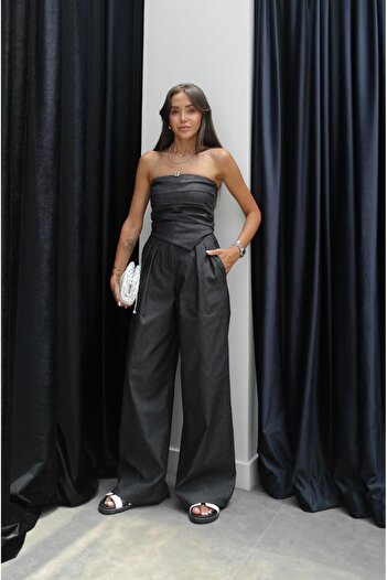 Havoş Dark Navy Blue Strapless Denim Suit