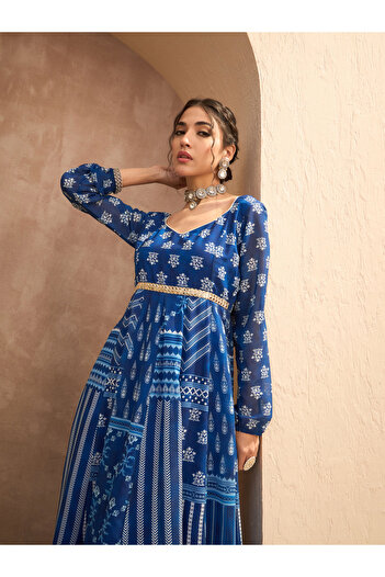 Sassafras By Styli Floral Print Sweetheart Neck Anarkali Kurta with Palazzos Set