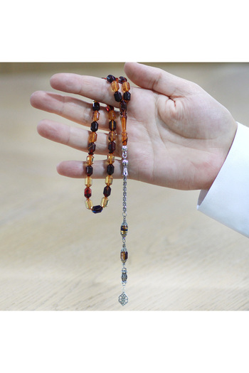 Tesbihane Non-Tarnish Metal Albanian Tassel Tip Capsule Cut Bonibon Fire Amber Prayer Beads