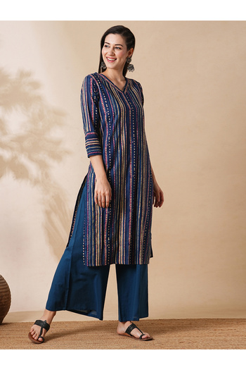 Globus By Styli Striped Printed A-Line Kurta with Straight Palazzo Set
