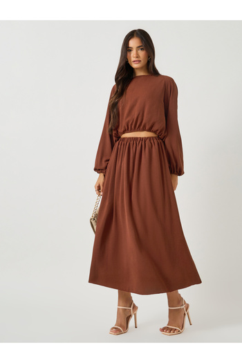 Styli Solid Round Neck Crop Top and Maxi Skirt Co-Ords