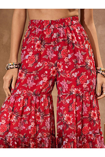 Sassafras By Styli Floral Print Wide Neck Kurta with Tiered Sharara Set