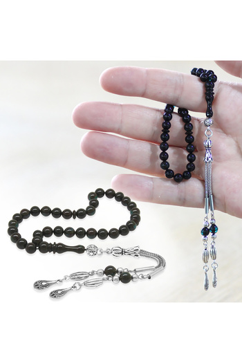 Tesbihane Non-Tarnish Metal Tassel Sphere Cut Ankle Length Blue Black Crimping Amber Prayer Beads
