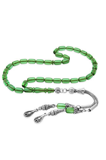 Tesbihane Non-Tarnish Metal 2-Piece Whip Tassel Capsule Cut Ankle Length Green Fire Amber Prayer Beads