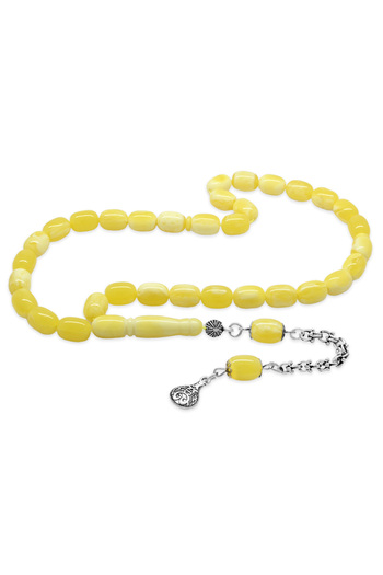 Tesbihane Albanian Chain Tarnish-Free Metal Tassel Capsule Cut Yellow White Beirut Amber Prayer Beads