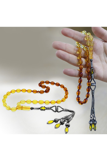 Tesbihane Premium Boxed 1000 Sterling Silver Tria Kazaz Tasseled Barley Cut Yellow Red Drop Amber Prayer Beads