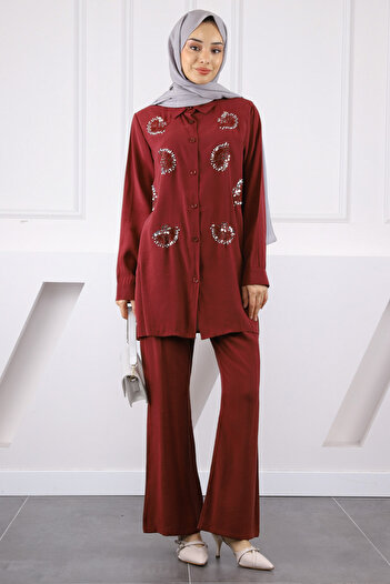 İmajButik Burgundy Beaded Tunic Trouser Suit