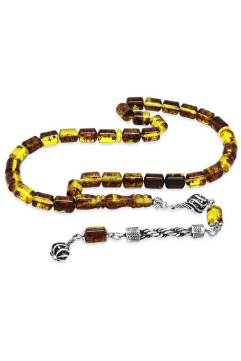 Tesbihane Non-Tarnish Metal Rope Tassel Capsule Cut Yellow - Black Fossil Beirut Amber Prayer Beads
