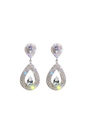 Tessero - Earrings, rain drop, zirconia stones, silver plated, silver