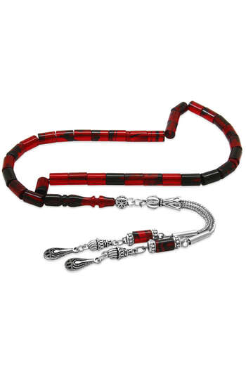 Tesbihane Non-Tarnish Metal 2-Piece Whip Tassel Cut Cut Wrist Length Red Black Fire Amber Prayer Beads