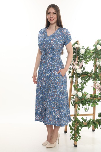 etselements Rochie roz de vară cu model de flori, cu curea cu nasturi, 408 albastru apă