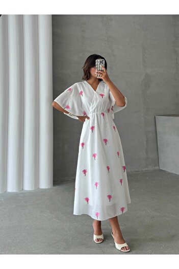 Lusin Rochie de vară cu mânecă scurtă, cu model de palmier brodat, cu decolteu în V și căptușită pe fustă