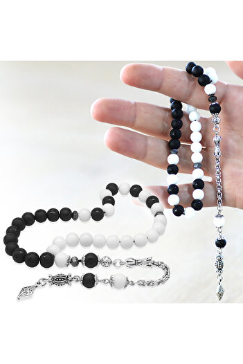 Tesbihane Non-Tarnish Metal Albanian Tassel Sphere Cut Black White Jade Moon Star Onyx Natural Stone Fan Prayer Beads M1