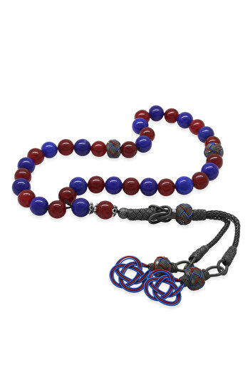 Tesbihane 1000 Sterling Silver Kazaz Tasseled Sphere Cut Claret Blue Jade Natural Stone Fan Prayer Beads