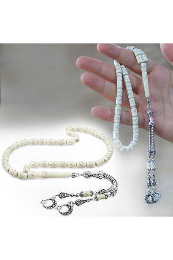 Tesbihane Non-Tarnish Metal Crescent and Star Tassel Capsule Cut Brass Embroidered Camel Bone Prayer Beads
