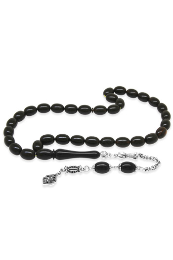 Tesbihane Non-Tarnish Metal Albanian Chain Tassel Pheasant Imame Beyzi Cut Black - Yellow Moire Catalin Prayer Beads