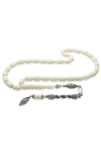 Tesbihane Non-Tarnish Metal Rope Tassel Tip Capsule Cut White Color Camel Bone Prayer Beads