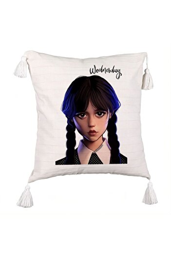BEKZ Decorative Pillow with Fringes, Wednesday Addams 8 Model, 45x45 cm, Ecru, With zipper