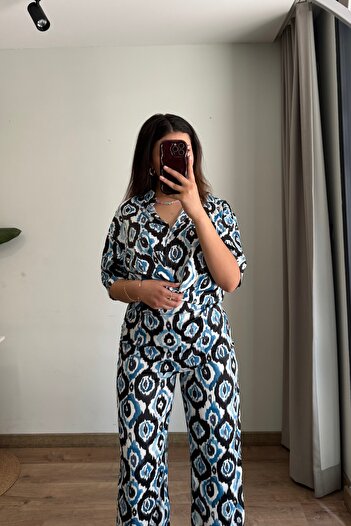 Güneş Desenli Saten Gömlek & Pantolon Takım