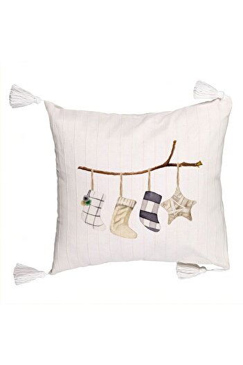 BEKZ Christmas themed decorative pillow with fringes, 10, 45x45 cm, Ecru, with zipper