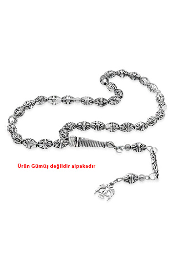 Tesbihane Design Pen Craftsmanship Double-Headed Eagle Tassel Barley Cut Oxidized Silver Color Alpaca Prayer Beads