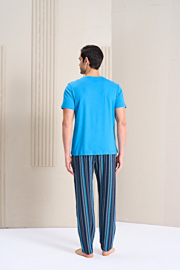 DİĞDEM YAKUT Erkek - Mavi Lacivert Çizgili Kısa Kollu Süprem Kumaş Alt Üst Pijama Takımı