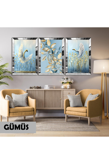 Harikabirev Amazing | Gold Blue Color Swan Combination (Swan) | Plexiglass Framed Mdf Plksmdf