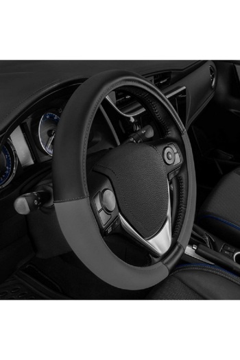Cat Durable Two Tone Ergonomic Soft Leather Grip Steering Wheel Cover Charcoal and Black