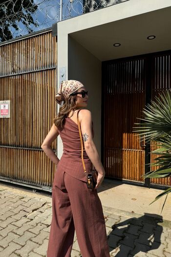 FMN Butik Pinterest Design Slit One Shoulder Asymmetrical Blouse Tie-Up Wide Leg Pants Double Linen Suit