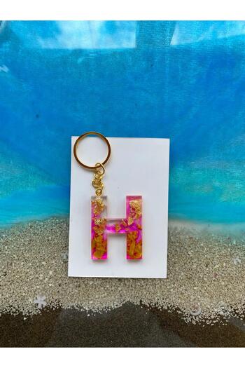 Yopoksi Desing Epoxy H Letter Pink Keychain with Gold Leaf and Flower Leaf