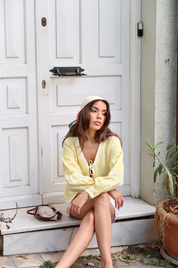 Lusin Women's Lemon Yellow Long Sleeve Tie Detail 100% Cotton Premium Muslin Blouse Shirt