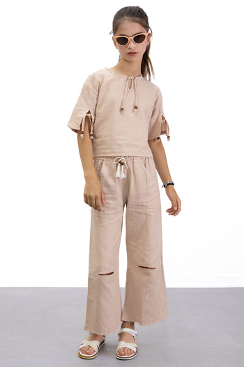 Cansın Mini Beige Halter T-Shirt and Girl's Pants 2 Piece Set 21187