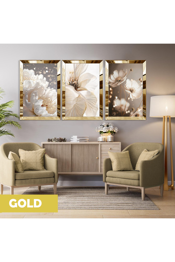 Harikabirev Amazing | Cream-Gold Flower Combination (Elegant) | Plexiglass Framed Mdf Plksmdf