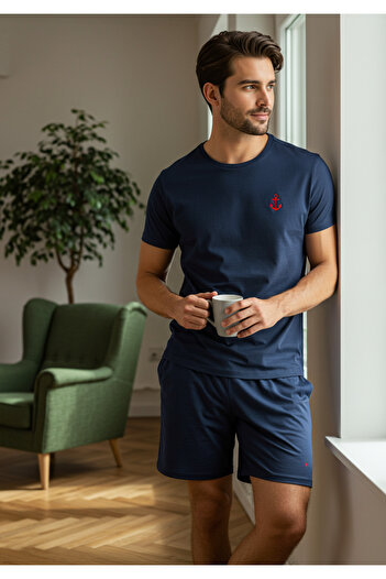 Trendyol Collection Темно-синій піжамний комплект з вишитим принтом TMNSS25PT00068