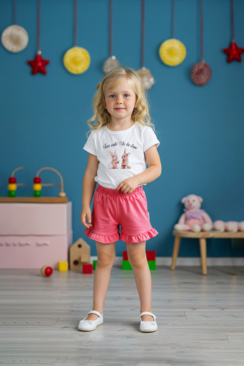 TRENDYOLKIDS Ecru Baby Girl 100% Cotton Rabbit Printed Short Sleeve Knitted Bottom-Top Set Tkdss25Au00158