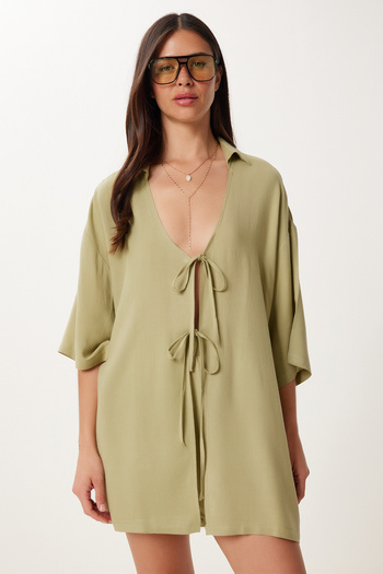 Happiness İstanbul Women's Olive Green Binding Detail Linen Bottom Top Set Gp00021