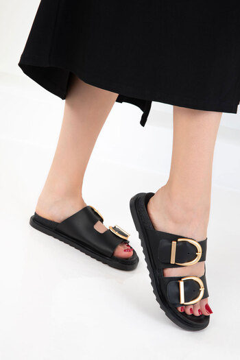 SOHO Black Genuine Leather Women's Slippers 20710