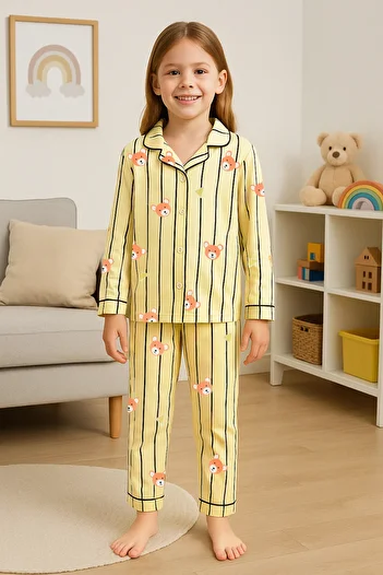 TRENDYOLKIDS Sárga nyomott pizsama szett lányoknak - kötött alsó szett Tkdaw25au00126