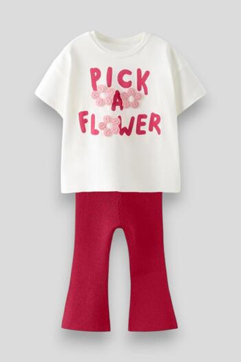 Magu Girl's Cotton T-Shirt and Leggings Set - Floral Slogan Detailed