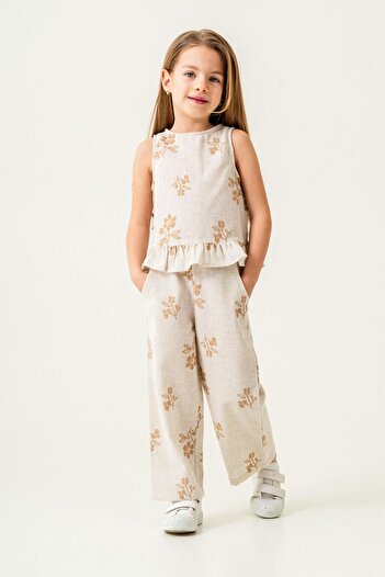 Magu Girl's Ecru Floral Patterned Poplin Linen Blouse and Pants Set