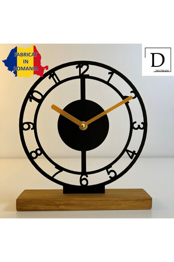 OEM Decorative clock "Classic Reimagined" with natural wood base, 22.5 cm, black, 3D printed
