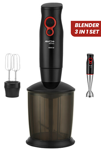 AWOX Barmix 3in1 1000 Watt Removable Steel Tip 3-Piece Blender & Mixer Set
