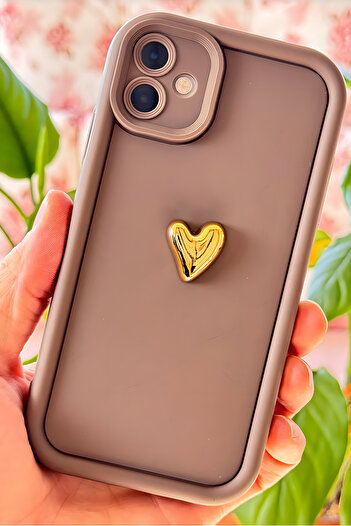 Fibaks Apple iPhone 16 Plus Case Brown Pattern Soft Camera Protected Cover with 3D Heart Design