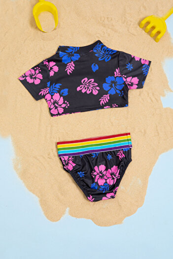 Cansın Mini Black Floral Patterned Rainbow Stripe Girl's 2-Piece Swimsuit Set 21112
