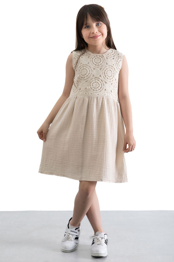 Cansın Mini Cream Lace Embroidered Muslin Girl's Dress 20779