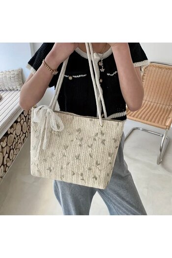 Store Women's Straw Bag Embroidery Lining Beach Handbag Stylish Bag for Daily Use